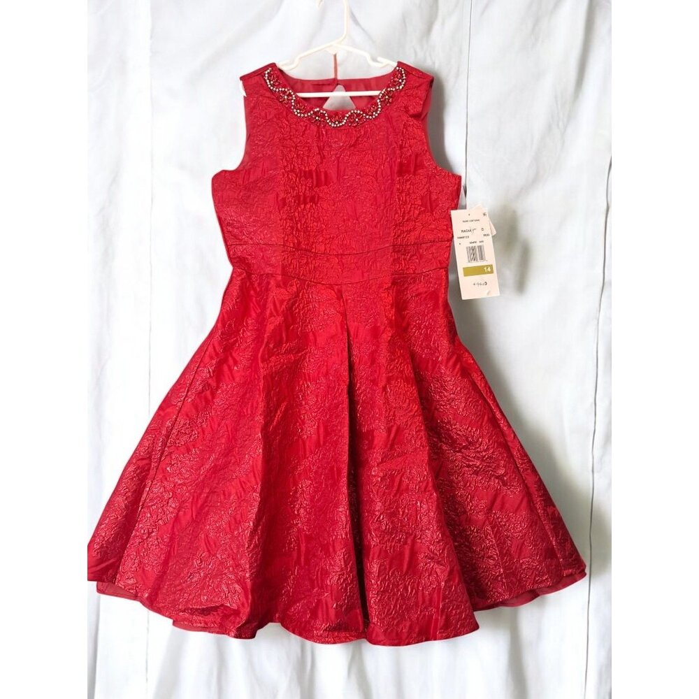Rare Editions Big Girls Sleeveless Brocade with Jeweled Neckline Social Red Dres